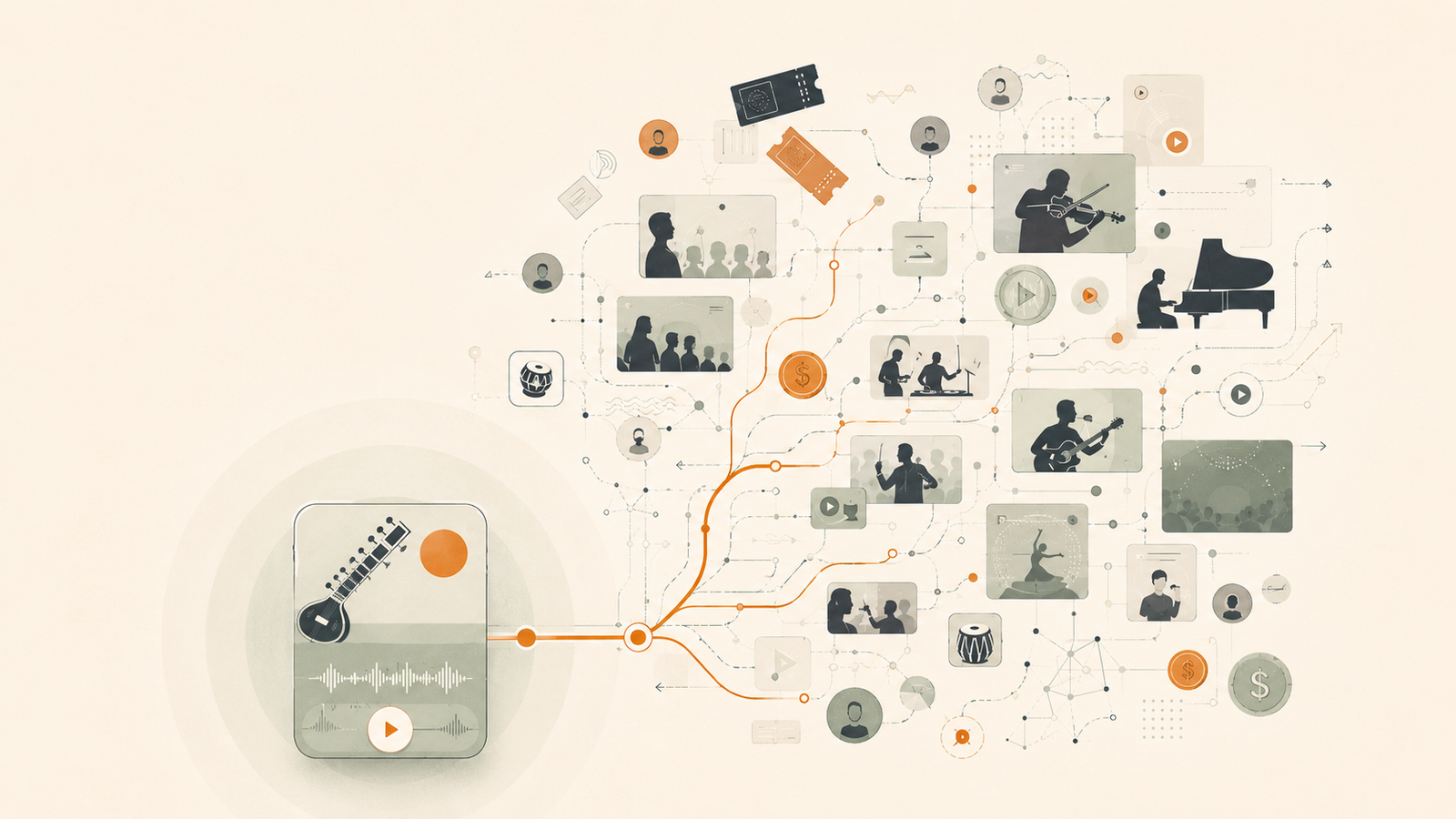Editorial illustration showing a focused music platform expanding into disconnected markets, audiences and revenue ideas.