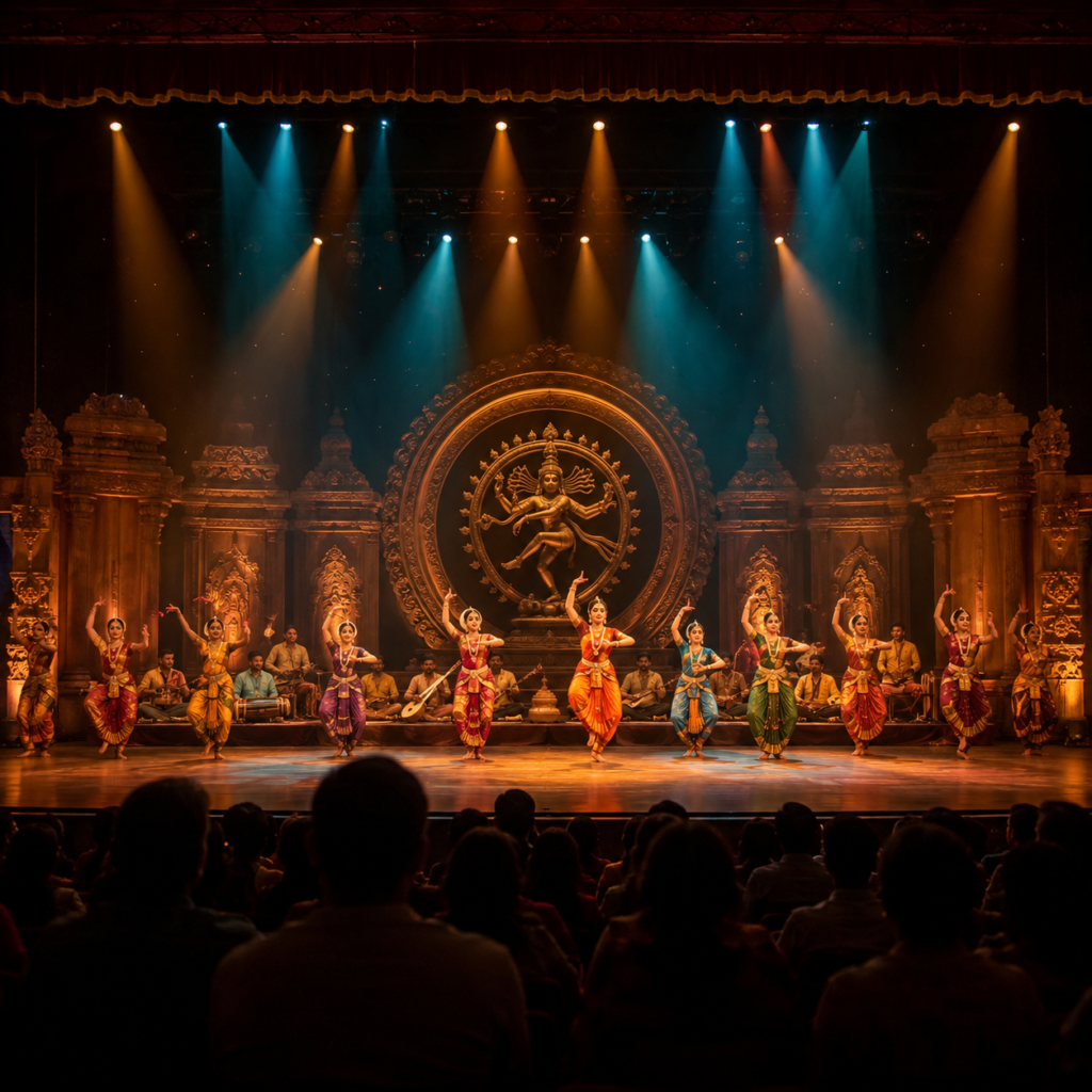 Indian classical dance performance on an auditorium stage viewed from the audience