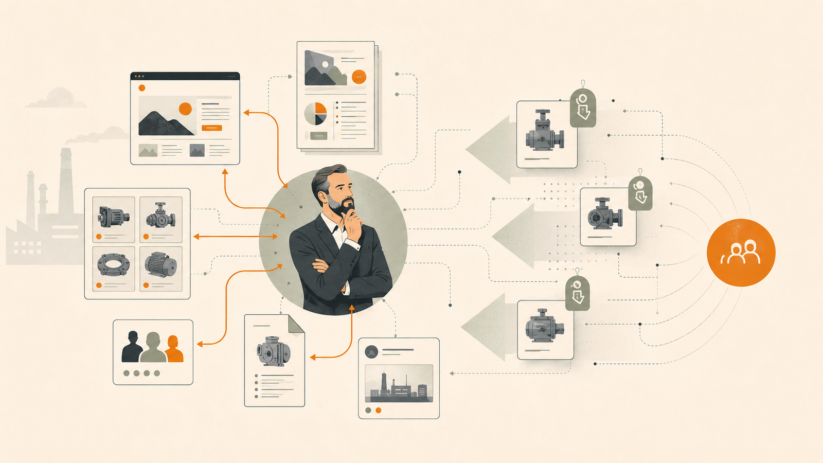 Editorial illustration of an industrial business founder managing multiple marketing decisions while facing growing competition.