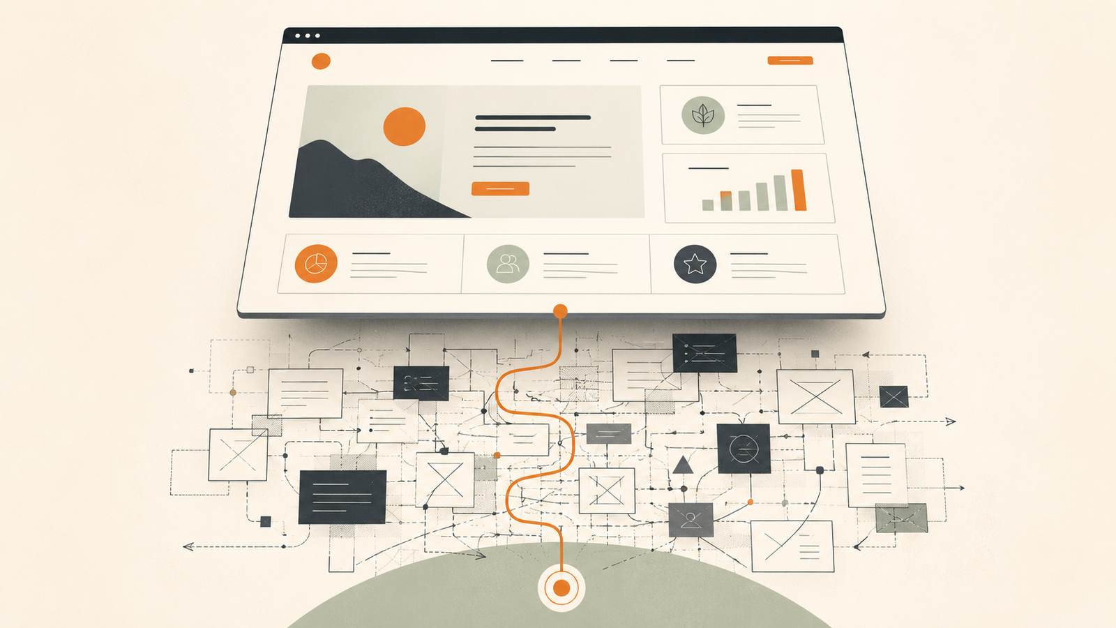 Editorial illustration of a polished website above a fragmented business foundation, connected by a clear strategic path.